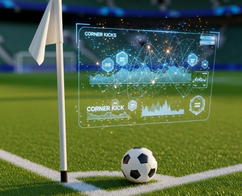 Vibrant football pitch corner with a corner flag and ball, overlaid with glowing digital charts and betting interface elements, symbolizing data-driven corner betting strategy.