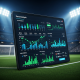 High-tech digital dashboard displaying football form analysis with interactive charts, match results, and team statistics, set against a blurred football stadium background, representing strategic sports betting.