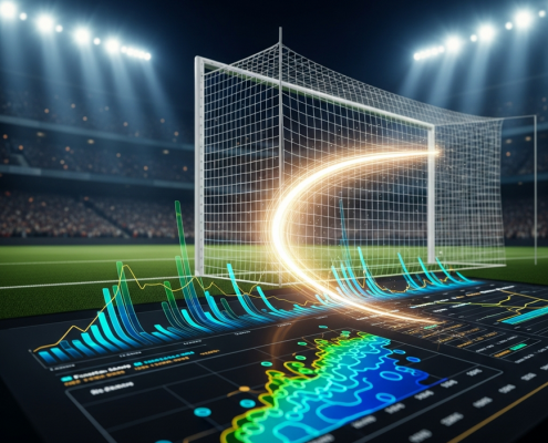 Vibrant, cinematic digital sports betting interface showing abstract football player data and odds, with a blurred, floodlit football stadium and a shimmering goal net in the background, representing goal scorer markets.