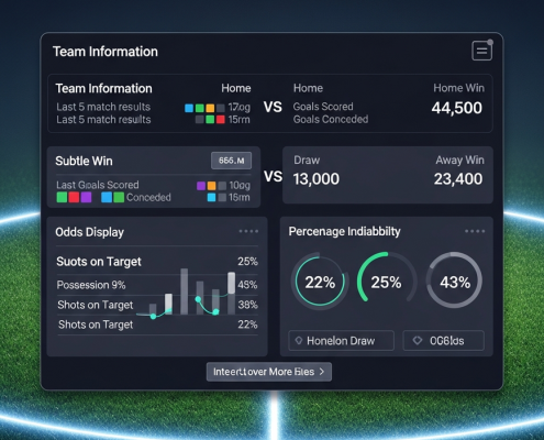Sleek digital sports betting interface displaying football match odds and statistical insights comparing home and away team performance, with data visualizations and a subtle football field background.