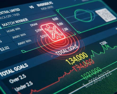 Digital sports betting interface showing rapidly shifting football odds with an injury alert icon, illustrating the immediate impact of player injuries on betting lines and market dynamics.