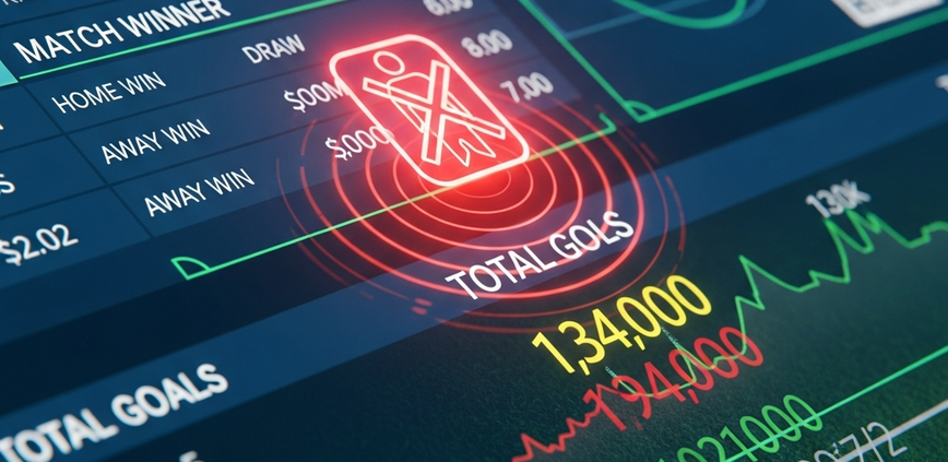 Digital sports betting interface showing rapidly shifting football odds with an injury alert icon, illustrating the immediate impact of player injuries on betting lines and market dynamics.