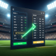 Digital interface showing a side-by-side comparison of football betting odds from two different sportsbooks, with a green arrow highlighting the better payout, set against a blurred football stadium backdrop, symbolizing strategic betting in Malaysia.