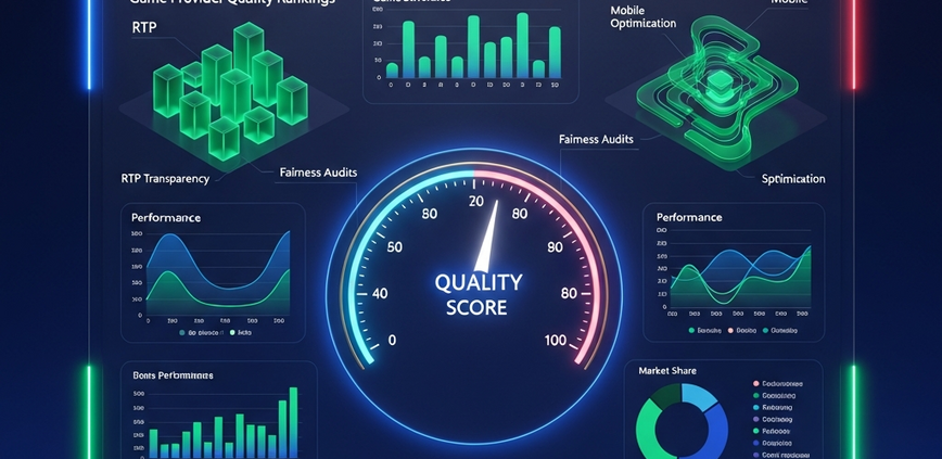 Digital dashboard visualizing game provider quality rankings, showing charts for RTP, fairness, and mobile optimization, with abstract online slot and live dealer table elements in the background, conveying a high-tech and trustworthy online casino experience.