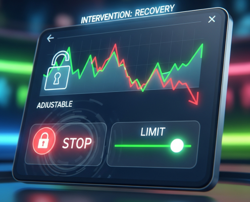 Digital representation of an online betting interface showing a financial graph with a losing streak being halted and reversed by responsible gaming controls like stop-loss limits and session limits.