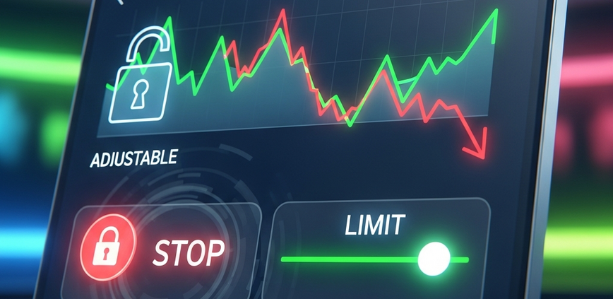Digital representation of an online betting interface showing a financial graph with a losing streak being halted and reversed by responsible gaming controls like stop-loss limits and session limits.