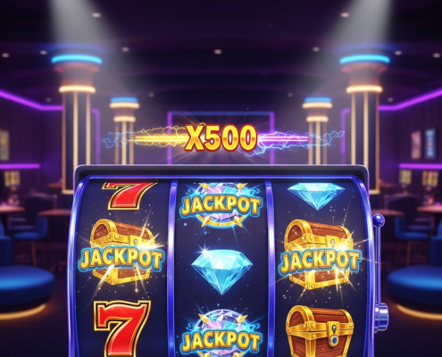 Hyper-realistic online slot machine interface showing high-volatility reels with winning symbols, a large multiplier, and vibrant jackpot effects, set in a luxurious online casino.