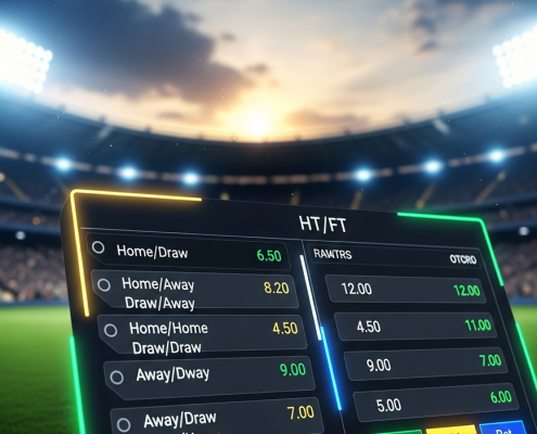 Dynamic online sports betting interface showing Half-Time/Full-Time football betting options and high odds, with a blurred, vibrant football stadium in the background, conveying strategic high-stakes gaming.
