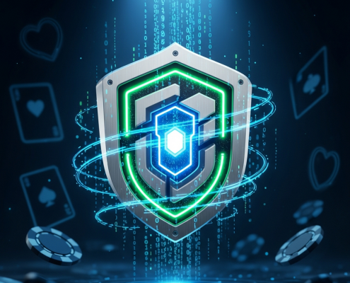 A glowing digital security shield emblem surrounded by data streams, representing robust online casino security and data protection in a high-tech environment.