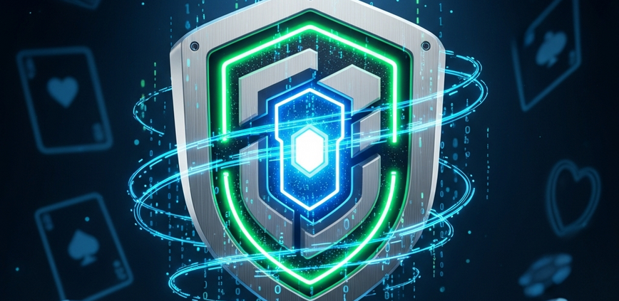 A glowing digital security shield emblem surrounded by data streams, representing robust online casino security and data protection in a high-tech environment.