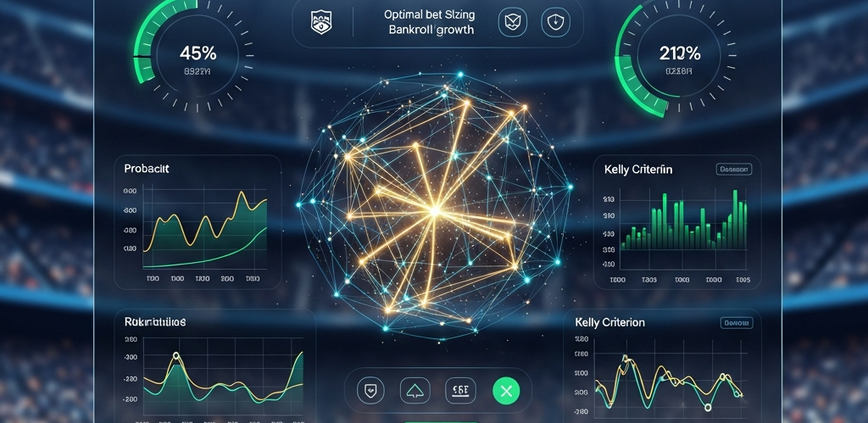 High-tech sports betting interface showing abstract data, optimal bet sizing, and bankroll growth strategy, representing the Kelly Criterion.