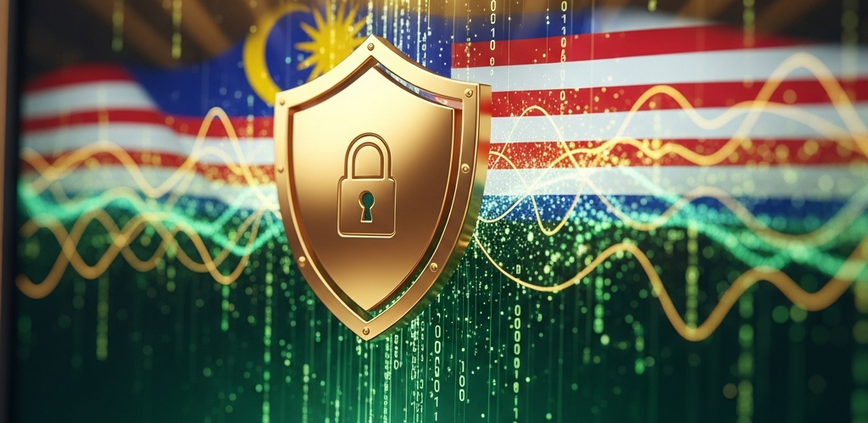 Stylized gold shield with a digital padlock over a sleek online casino interface, symbolizing security and licensing for Malaysian players, set in a luxurious, high-tech environment with subtle Malaysian color accents.