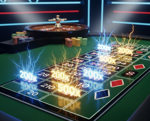 Electrified Lightning Roulette betting grid showing glowing multipliers like 200x and 500x, with a roulette wheel in the background, set in a premium live casino studio.