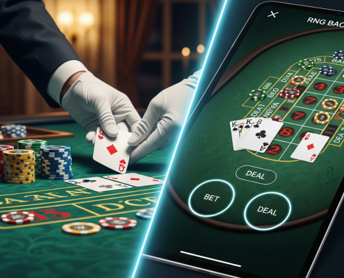 Dynamic split-screen image contrasting a luxurious live baccarat table with physical cards and chips on green felt, against a sleek digital RNG baccarat interface on a mobile device, highlighting the differences in online baccarat gameplay.