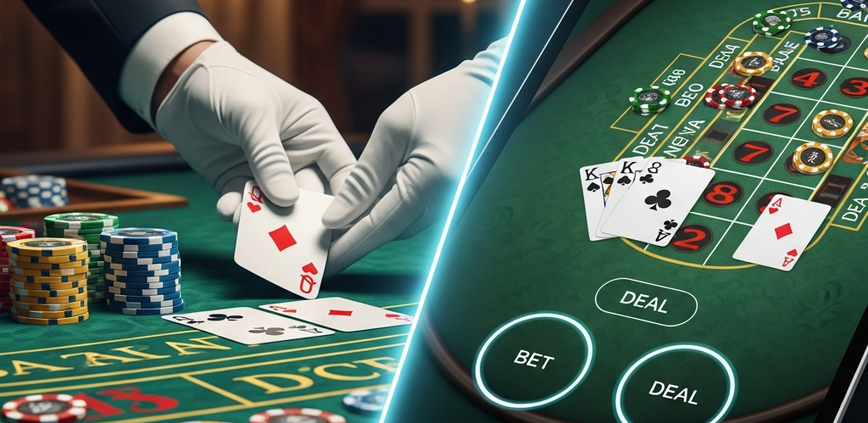 Dynamic split-screen image contrasting a luxurious live baccarat table with physical cards and chips on green felt, against a sleek digital RNG baccarat interface on a mobile device, highlighting the differences in online baccarat gameplay.