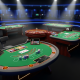 Overview of a sophisticated live online casino studio with multiple game tables like blackjack, roulette, and baccarat, symbolizing choice and a premium gaming experience for players.