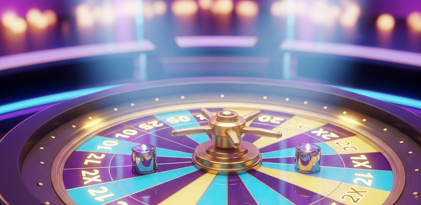 Vibrant, futuristic live casino game show wheel spinning in a neon-lit studio, representing the excitement and premium nature of online game shows.
