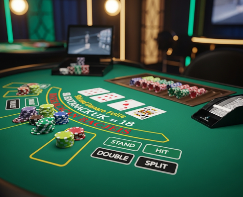 Premium live dealer blackjack table interface with clear digital action buttons, neatly stacked chips, and playing cards, set in a luxurious online casino studio with emerald green and gold lighting, emphasizing good etiquette.