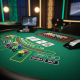 Premium live dealer blackjack table interface with clear digital action buttons, neatly stacked chips, and playing cards, set in a luxurious online casino studio with emerald green and gold lighting, emphasizing good etiquette.