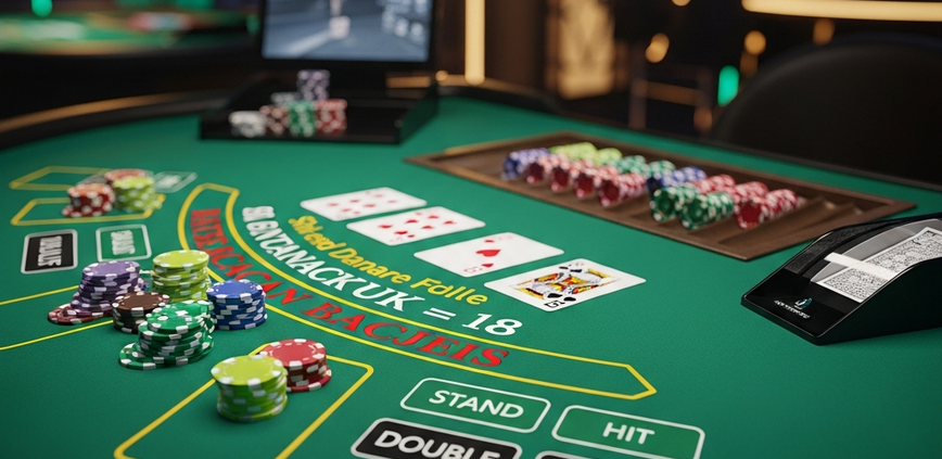 Premium live dealer blackjack table interface with clear digital action buttons, neatly stacked chips, and playing cards, set in a luxurious online casino studio with emerald green and gold lighting, emphasizing good etiquette.