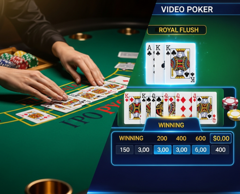 Split image contrasting live poker with a dealer's hands on a green felt table and video poker interface on a digital screen, highlighting the differences in gameplay.