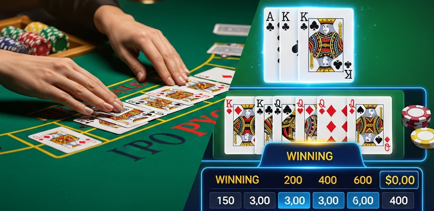 Split image contrasting live poker with a dealer's hands on a green felt table and video poker interface on a digital screen, highlighting the differences in gameplay.