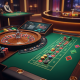 Dynamic view of a live roulette wheel with a spinning ball and virtual chips on a green felt betting layout, integrated with a sleek online casino interface in a luxurious studio setting.