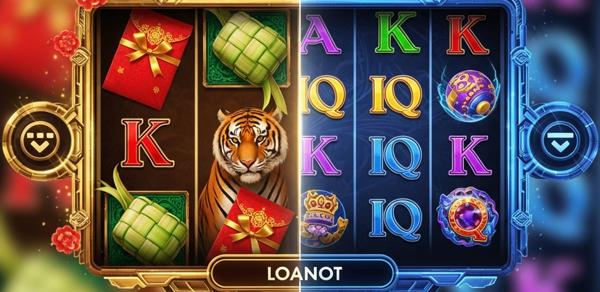 Split-screen mobile casino interface comparing a culturally themed Malaysian local slot with festive symbols and an international slot featuring advanced mechanics and a progressive jackpot display.