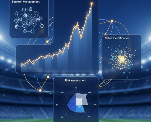 High-tech digital dashboard showing a long-term profit growth graph, bankroll management, and risk assessment widgets, symbolizing a profitable betting strategy.