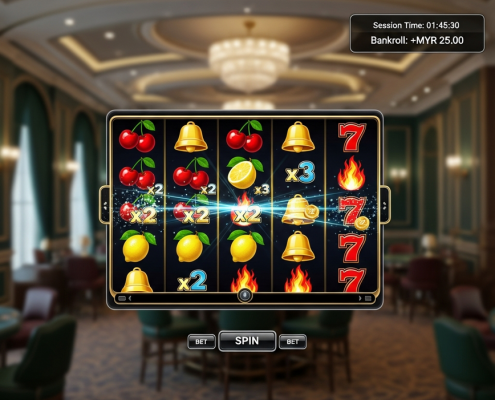 A premium online slot machine interface showing frequent small wins with classic fruit symbols, a visible session timer, and a positive bankroll indicator, representing extended low volatility gameplay.