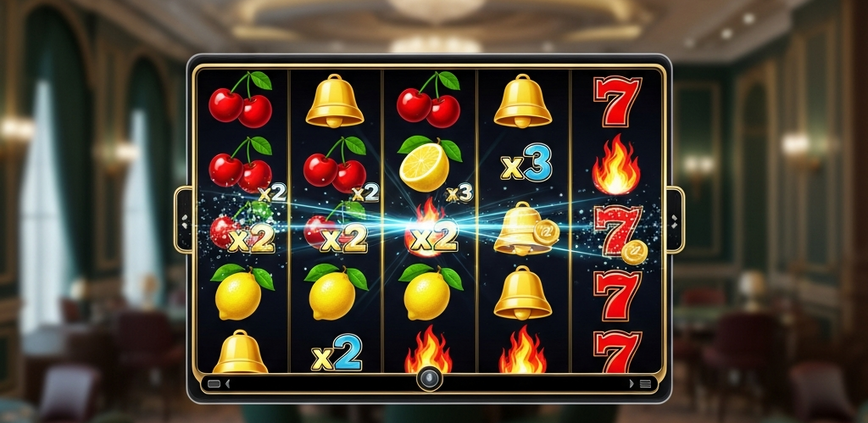 A premium online slot machine interface showing frequent small wins with classic fruit symbols, a visible session timer, and a positive bankroll indicator, representing extended low volatility gameplay.