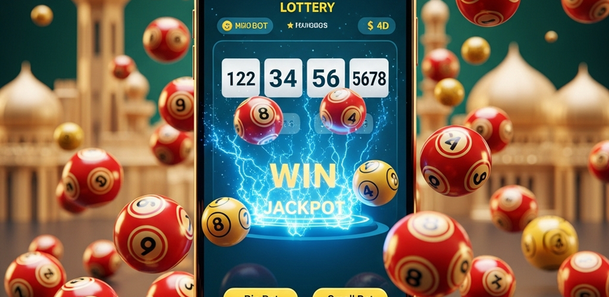 Vibrant digital art showing a mobile phone with a 4D lottery interface, surrounded by red and gold lottery balls, symbolizing online Magnum 4D in Malaysia.