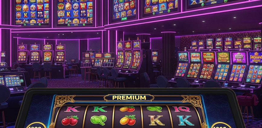 Vibrant, hyper-realistic online casino lobby displaying a vast array of over 1000 slot game thumbnails on glowing screens, with a close-up of a premium slot machine interface showing spinning reels and a 'JACKPOT' display, representing a Malaysian slot player's paradise.