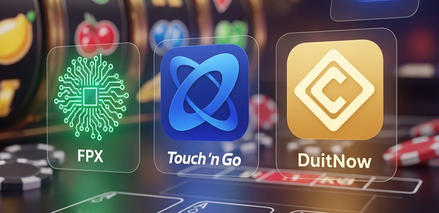 A premium online casino interface visually integrated with abstract, glowing icons representing Malaysian payment methods like FPX, Touch 'n Go, and DuitNow, symbolizing fast and secure transactions.