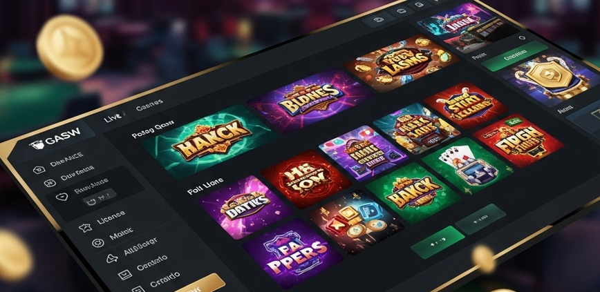 Vibrant online casino lobby interface displaying diverse game thumbnails from top providers like Pragmatic Play, PG Soft, and Microgaming, set in a luxurious Malaysian online gaming environment, with symbols of security and licensing.