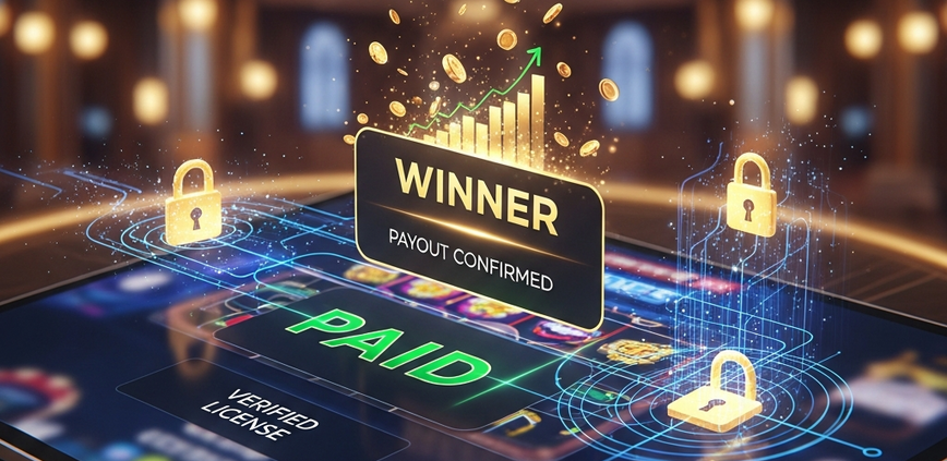 Sleek online casino interface on a digital screen, displaying a successful payout confirmation, surrounded by abstract security symbols and a golden padlock icon, set in a luxurious, secure digital environment, representing trust and reliability for Malaysian players.