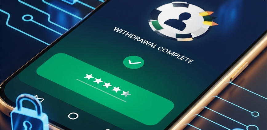 Sleek smartphone displaying an online casino app with a 'Withdrawal Complete' notification and 5-star rating, symbolizing positive Malaysian player reviews and fast payouts.
