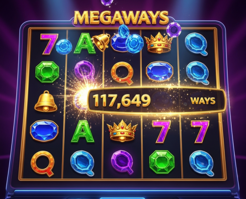 Vibrant Megaways slot machine interface displaying a dynamic reel grid with varying symbol heights and a '117,649 Ways to Win' counter, set on a premium online casino platform.