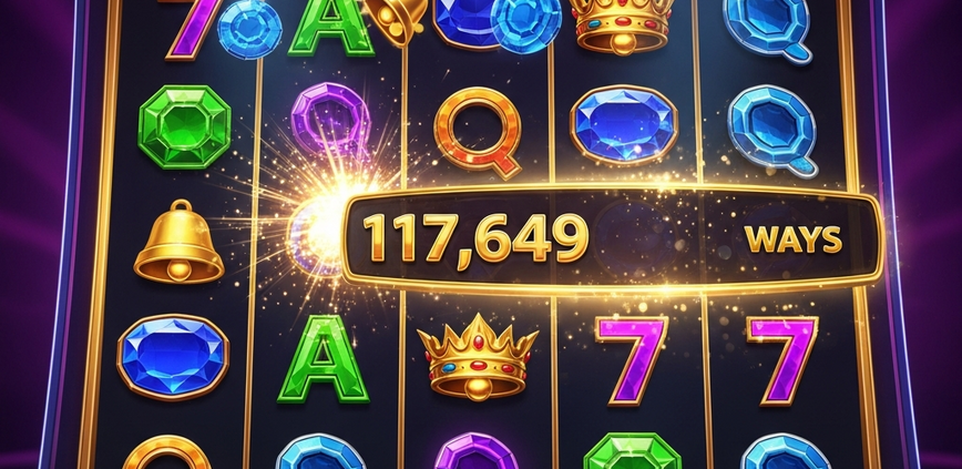 Vibrant Megaways slot machine interface displaying a dynamic reel grid with varying symbol heights and a '117,649 Ways to Win' counter, set on a premium online casino platform.