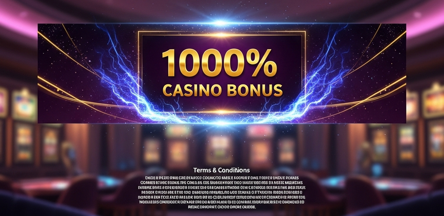 Vibrant digital banner for a '1000% Casino Bonus' with tiny, dense fine print, set in a luxurious online casino lobby, illustrating the 'too good to be true' nature of some offers.