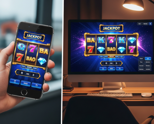 Dynamic split-screen image showcasing an identical, vibrant online slot game interface on both a sleek mobile phone in an on-the-go setting and a large desktop monitor in a home environment, illustrating the core gameplay parity between platforms.