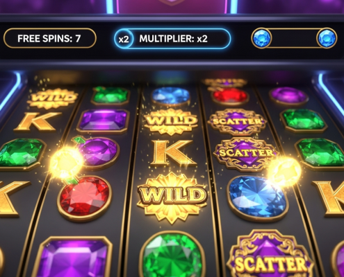 Vibrant online slot machine interface showcasing wild symbols, scatter symbols, and bonus feature indicators on a premium digital gaming platform, with glowing winning symbols.