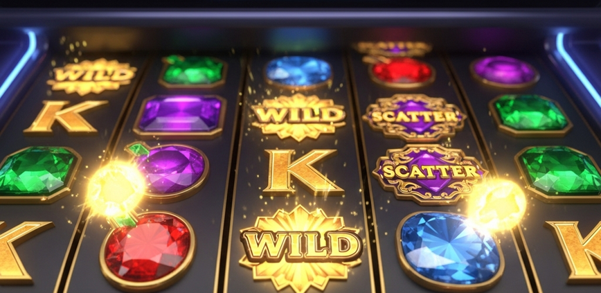 Vibrant online slot machine interface showcasing wild symbols, scatter symbols, and bonus feature indicators on a premium digital gaming platform, with glowing winning symbols.