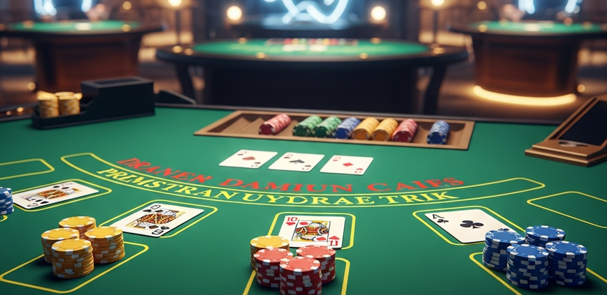 Premium online casino blackjack table showing three player hands with cards and chips, alongside a dealer's upcard, set against a blurred, luxurious live studio background, emphasizing multi-hand play strategy.