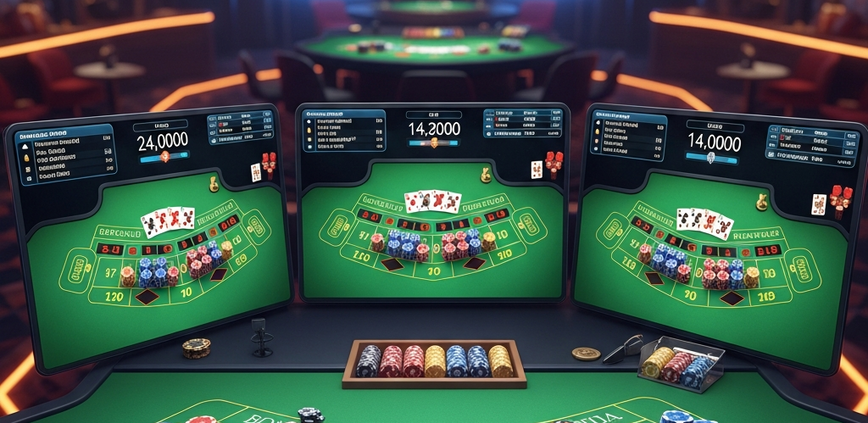 A wide, high-definition view of three baccarat game interfaces displayed side-by-side on a large screen, showing playing cards, casino chips, and digital scoreboards in a luxurious online live casino setting, representing multi-table baccarat strategy.