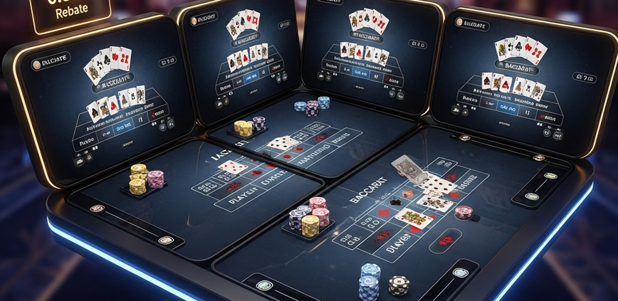 Sleek, futuristic multi-screen online casino interface showing four live baccarat tables simultaneously, with virtual chips, cards, and a prominent '0.88% Rebate' indicator, set against a luxurious, blurred casino studio background.