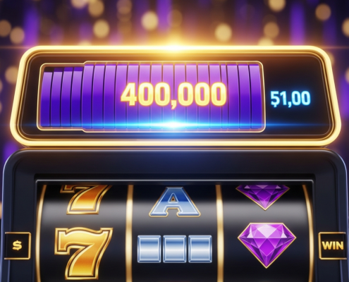 Vibrant progressive jackpot slot machine interface showing a rapidly increasing digital prize meter and blurred spinning reels with winning symbols, set against a luxurious online casino backdrop.