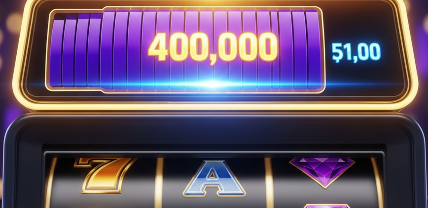 Vibrant progressive jackpot slot machine interface showing a rapidly increasing digital prize meter and blurred spinning reels with winning symbols, set against a luxurious online casino backdrop.