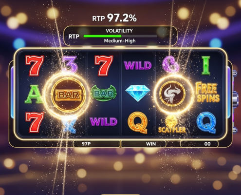 A vibrant, hyper-realistic online slot machine interface with spinning reels showing winning symbols, high RTP display, and bonus feature effects in a luxurious digital casino setting.