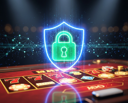 A vibrant online casino game interface, possibly a slot machine or card table, protected by a glowing digital shield and padlock icon, symbolizing robust cybersecurity against hacking threats.